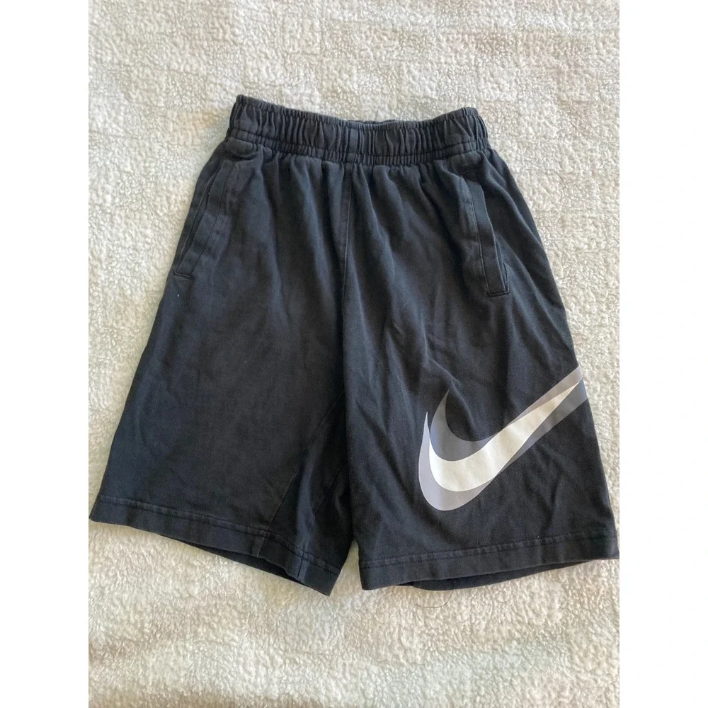 Nike Boys Black Cotton Jersey Athletic Shorts‎ Large Swoosh Graphic Size Medium